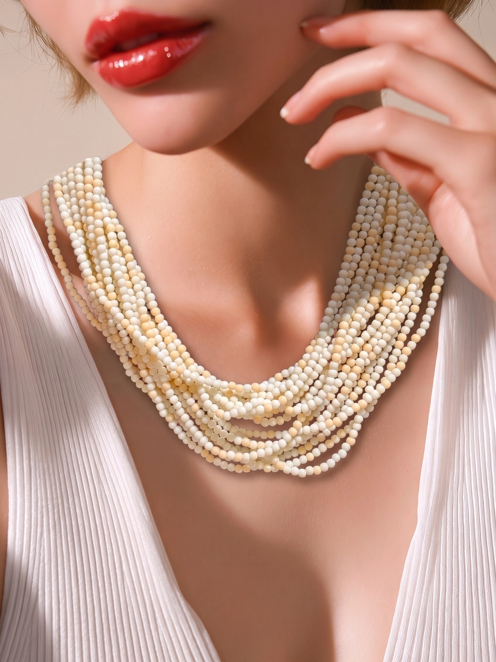 Vintage Japan Multi Strand Cream/Tan Beaded Necklace Gold Filigree 18" - Picture 4 of 9